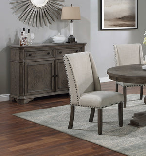 English Elm Traditional Round Pedestal Dining Set Oak Wingback Chairs Nailhead Upholstery Seats Four B011S01037