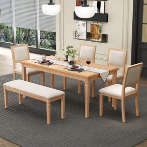 English Elm Trexm Rustic Farmhouse Extendable Dining Set Six Piece with Bench Distressed Wood Beige,Natural Wood Wash ST000151AAD