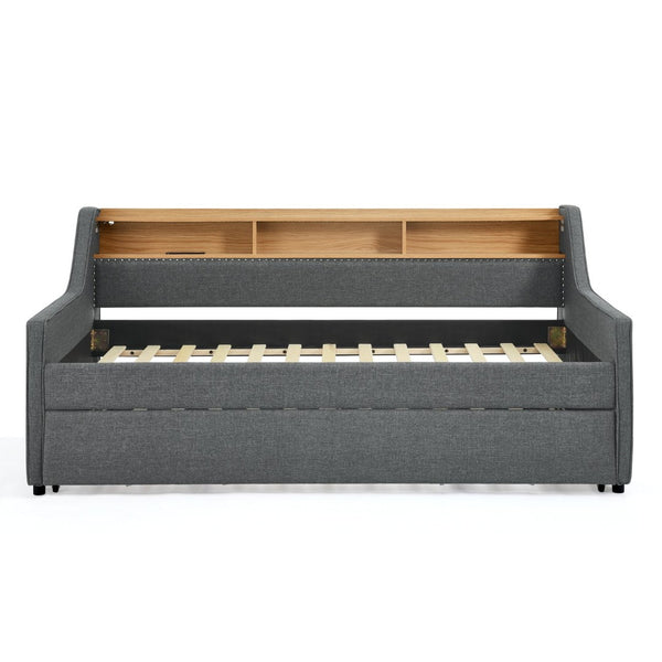 English Elm Twin Size Upholstery Sofa Bed With Led Lighting, Wireless Charging & Storage Trundle For Modern Living W1413S00057-GIGA