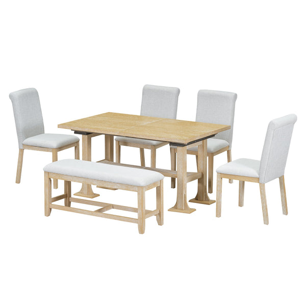 English Elm TOPMAX 76-inch Extendable Trestle Dining Set with 18" Removable Leaf, Upholstered Chairs & Bench Natural SP000048AAA