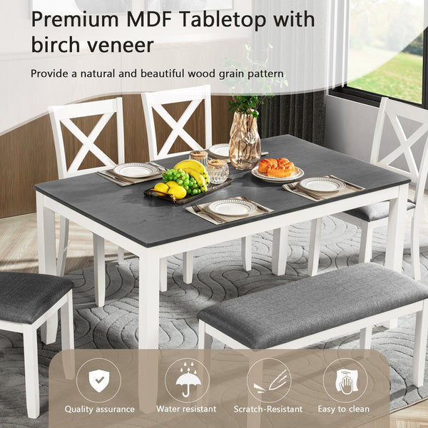 English Elm 6-Piece Modern Farmhouse Dining Table Set With Bench & Chairs, Grey & White, Comfortable Seating W1998S00064
