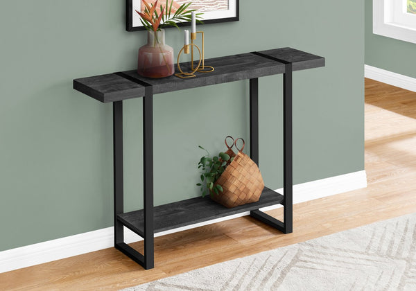 English Elm Accent C-Shaped Side Table with Reclaimed Wood-Look Top and Sleek Metal Frame for Small Spaces Black 36 L x 15 W x 8 H B2710P219148
