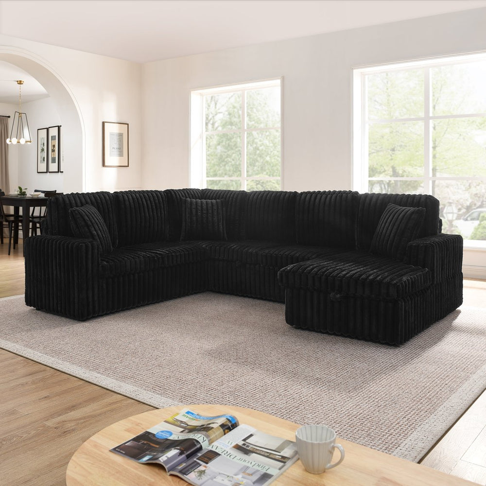English Elm Corduroy Ribbed U-shaped Sectional Sofa with Pull Out Sleeper and Hidden Storage Chaise Black W487S00412