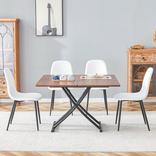 English Elm Table And Chair Set - Modern Adjustable Walnut Lift Table With 4 Soft Linen Dining Chairs, Stylish & Versatile W1151S03774-GIGA