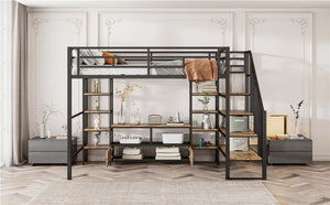 English Elm Full Metal Loft Bed Full Size with Staircase, Built-In Desk & Shelves, Black, Sturdy Space-Saving Setup GX001132AAB