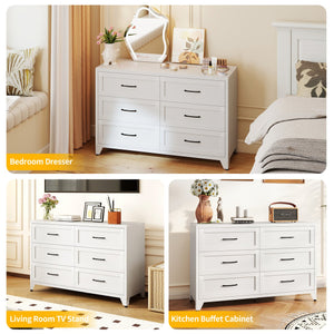 English Elm 6 Drawer White Steel Dresser Low Profile Powder Coated Frame for Bedroom or Hallway T2398P465981