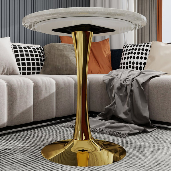 English Elm Marble-Top Round Side Table With Gold Pedestal Base - Modern Glam Design For Living Spaces & Entryways W1935P353524