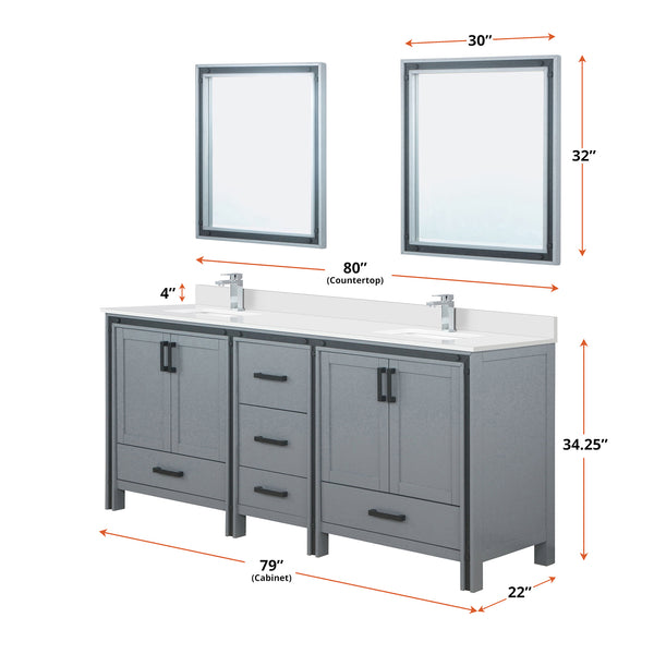 English Elm Dark Grey Double Bath Vanity 80 in W x 22 in D with White Quartz Top, Chrome Faucet, Mirrors, Durable Finish B2731S01133