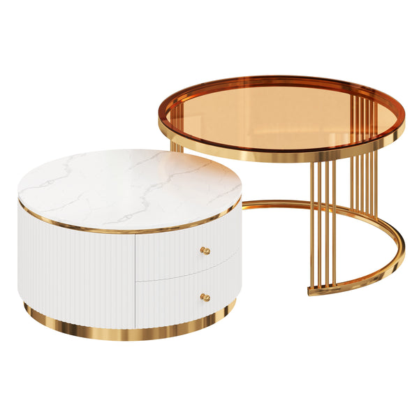 English Elm Modern Round Nesting Coffee Table Set with Gold Pedestal Legs and Storage Drawers Brown,White N735P349323D