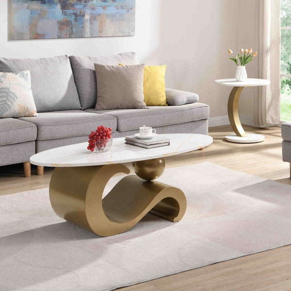 English Elm Modern Nesting Coffee Table Set - Stylish Oval & Round Side Tables With Golden Metal Frame, Chic Design W821S00001-GIGA
