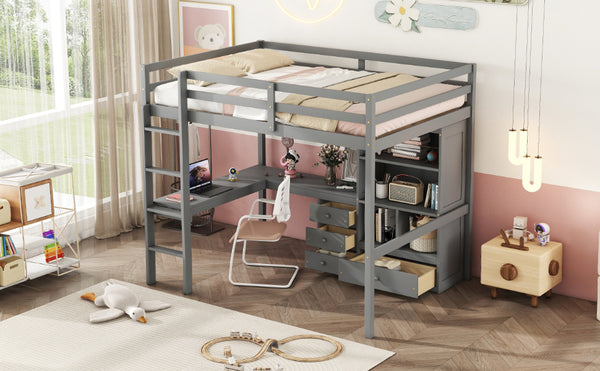 English Elm Full Size Loft Bed With Desk, Storage Solutions, Built-In Ladder & Guardrails For Safe Use In Grey W504S00160