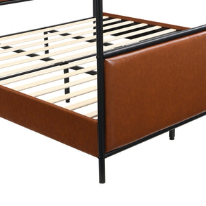 English Elm King Canopy Bed Iron Four Post Frame with Pu Leather Upholstered Headboard Footboard N757K343427O