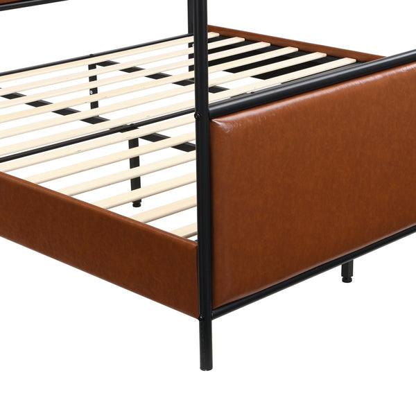 English Elm King Canopy Bed Iron Four Post Frame with Pu Leather Upholstered Headboard Footboard N757K343427O