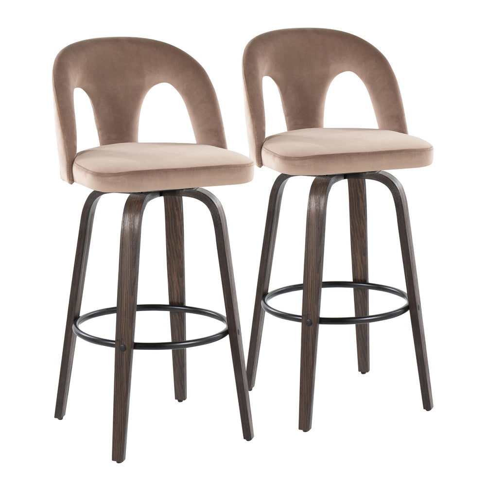 English Elm Fixed-height Swivel Barstools Walnut Bentwood Taupe Velvet Seat Mid-century Set of 2 B202S01887