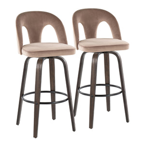English Elm Fixed-height Swivel Barstools Walnut Bentwood Taupe Velvet Seat Mid-century Set of 2 B202S01887