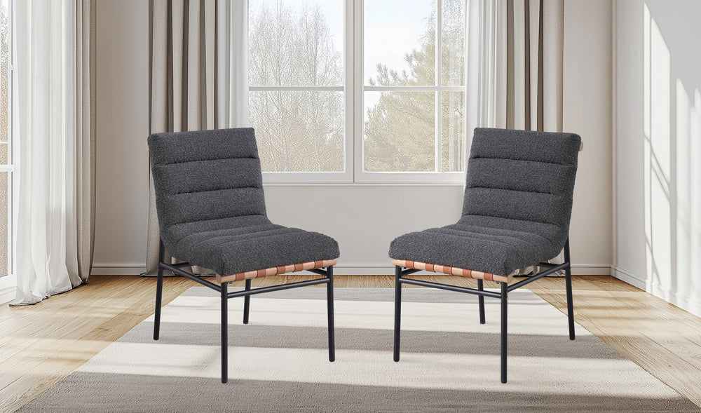 English Elm Lahni Boucle Upholstered Dining Chair Set with Cognac Accents and Black Iron Legs B061P234545