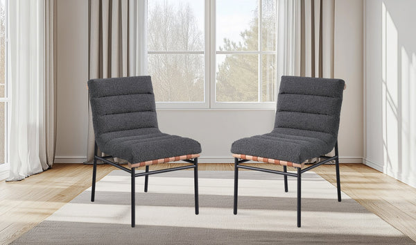 English Elm Lahni Boucle Upholstered Dining Chair Set with Cognac Accents and Black Iron Legs B061P234545