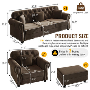 English Elm Upholstered Velvet Chesterfield Sofa with Button Tufting Brass Nailhead and Ottoman Brown W1885S00392