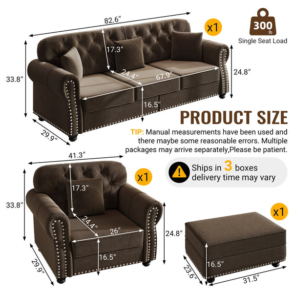 English Elm Upholstered Velvet Chesterfield Sofa with Button Tufting Brass Nailhead and Ottoman Brown W1885S00392