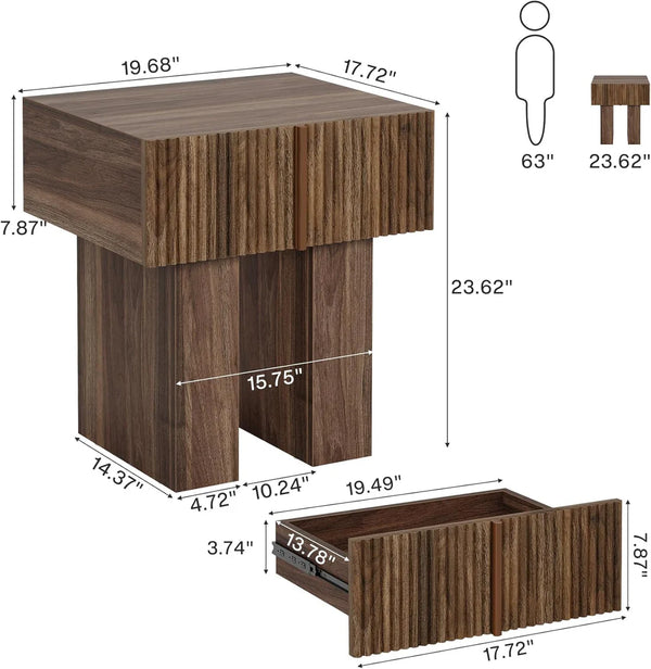 English Elm Bedside Nightstand with Fluted Drawer Front and Wood Grain Finish for Modern Bedrooms T3971P461263