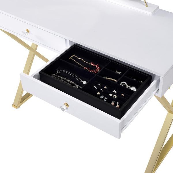 English Elm Rectangular Modern Vanity Desk with Mirror, 2 Drawers & Jewelry Tray — White Gold Accent, Spacious Storage B016P317482