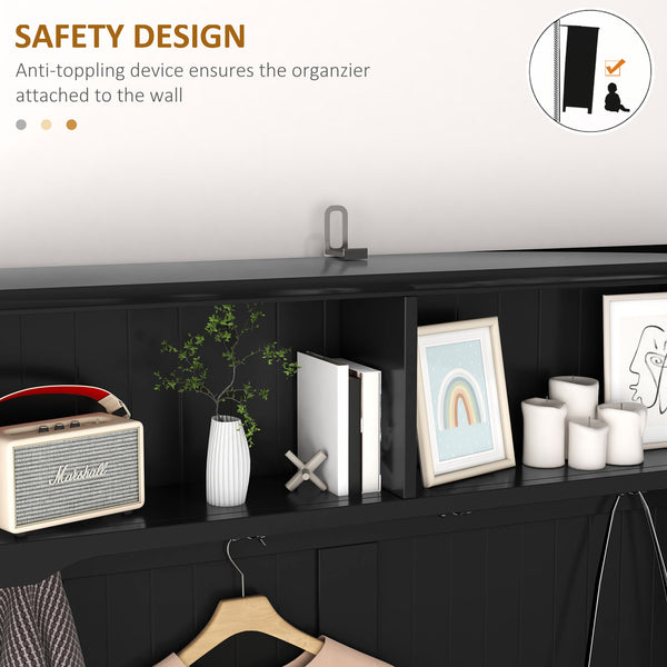 English Elm HOMCOM Entryway Hall Tree with Bench and 5 Double Hooks, Shoe Storage, Anti-Tip Mudroom Organizer Black W2225P249586