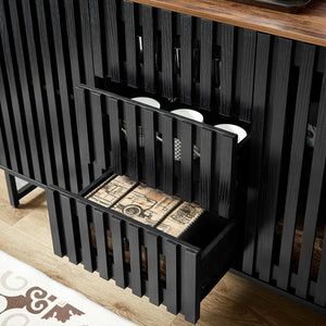 English Elm 3 Drawer Black Dresser with 4 Shelves and Slatted Grille Doors — Modern MDF Sideboard, Durable Metal Legs, Ample Storage for Bedroom & Living Room W578P193314