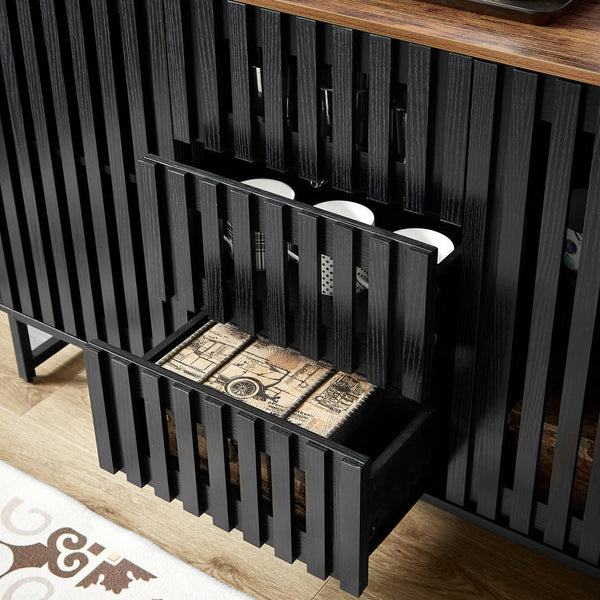 English Elm 3 Drawer Black Dresser with 4 Shelves and Slatted Grille Doors — Modern MDF Sideboard, Durable Metal Legs, Ample Storage for Bedroom & Living Room W578P193314