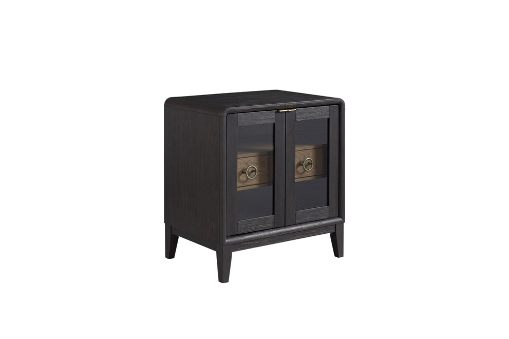 English Elm Glass Door Nightstand in Black Solid Wood & MDF with Tempered Glass Doors, Drawer, Sleek Finish B2699P237491