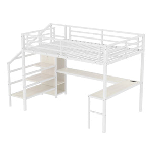 English Elm Queen Size Loft Bed With L-Shaped Desk, Usb Charging & Led Lights - Stylish Storage For All Spaces W1580S00181-GIGA