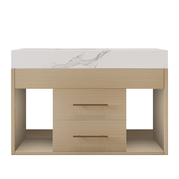 English Elm 29.9" Floating Bathroom Vanity Sintered Stone Top Soft Close Drawers Bronze Gold Hardware White,Wood W3136S00039