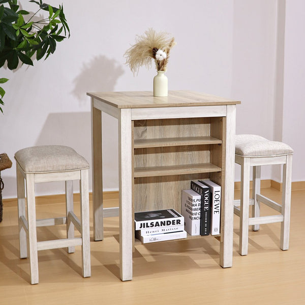 English Elm 3 Piece Counter Height Dining Set with Shelving Cushioned Stools Modern Farmhouse Kitchen Ameican White Oak,Ancient White W2537P369837