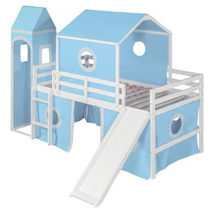 English Elm Twin Castle Loft Bed with Slide Tent and Tower Pinewood Playhouse Frame for Kids N708P249475C