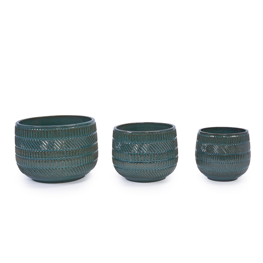 English Elm 3 Pieces Ceramic Flowerpot Set - Handcrafted Antique Navy Blue Planters For Garden, Patio & Home W3273P322001