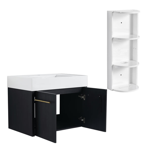 English Elm 30 Inch Wall-Mounted Vanity Set With Thick Resin Sink & 3-Tier Storage Rack For Stylish Bathrooms W999S00367