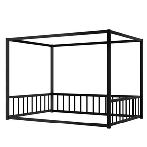 English Elm Full Black Iron Sunshade Floor Bed with Fence-Style Guardrails, Modern Low-Profile Double Frame W1858P282500