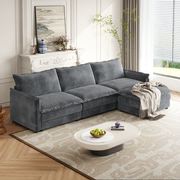 English Elm Corduroy 3-Seater Oversized L-Shaped Couch With Movable Footrest For Ultimate Comfort & Style W834S00431