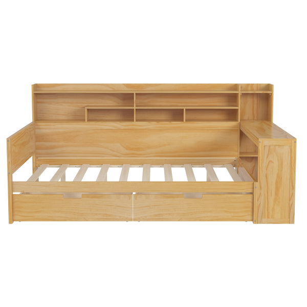 English Elm Wooden Full Size Daybed with Built-In Desk, Side Shelves and Dual Drawers for Organized Living Natural 70 L x 18.6 W x 5.5 H N733S241486M