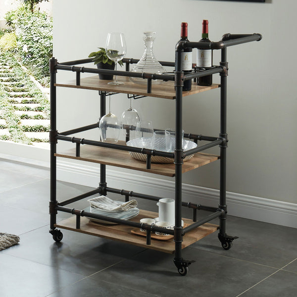 English Elm Industrial Industrial Style Antique Black Oak 3-Tier Serving Cart with Metal Pipe Frame, Wheels - Rustic Server B011P191544