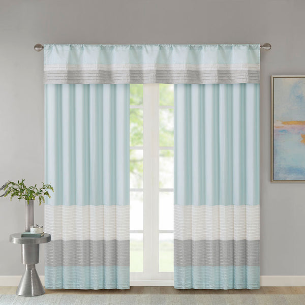 JLA Home Madison Park - Polyoni Pintuck Valance with Lined Color‑Block Stripes for Soft Light Diffusion and Tailored Texture Aqua MP41-4378