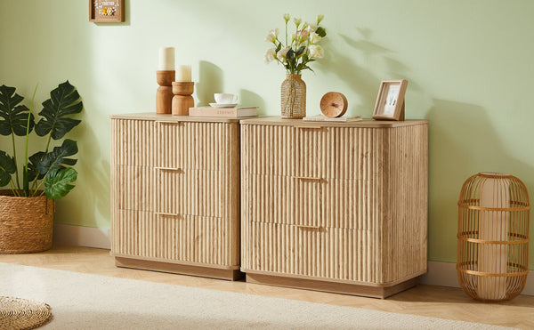 English Elm 3 Drawers Chest - Modern Curved Wave Design Nightstand For Bedroom & Living Room, Oak Finish W1820P337285