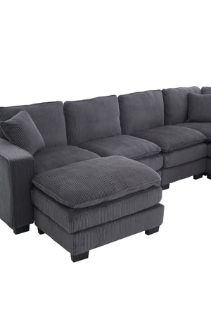 English Elm Modern U Shaped 6-Seat Sectional Sofa with Ottoman and 3 Toss Pillows, Corduroy Modular Comfort and Durable Frame Grey W2363S00041