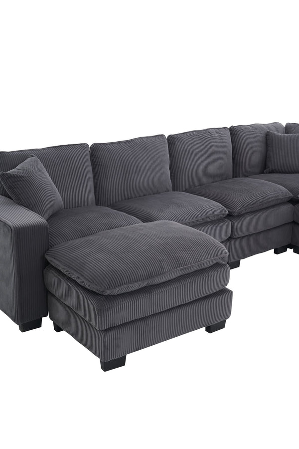 English Elm Modern U Shaped 6-Seat Sectional Sofa with Ottoman and 3 Toss Pillows, Corduroy Modular Comfort and Durable Frame Grey W2363S00041