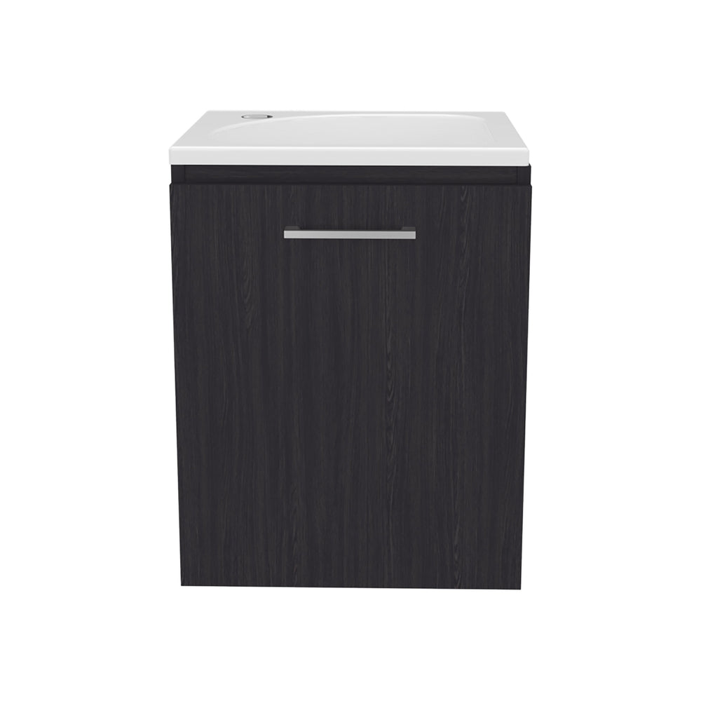 English Elm Saju 15.7" Floating One-Door Vanity Cabinet with Resin Sink, Black Wenge, Slim Modern Storage B200P335375