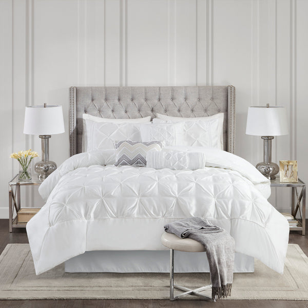 English Elm 7 Tufted Laurel 7-Piece Comforter Set Full — Plush Pieced Polyester, Pleated Texture, Elegant Border White 23.6 L x 20.1 W x 14.57 H B03596876