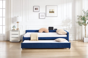 English Elm Upholstered Velvet Daybed with Pull Out Trundle Diamond Tufted Guest Bedroom Sofa Navy W1361S00068