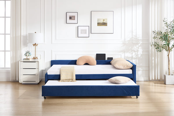 English Elm Upholstered Velvet Daybed with Pull Out Trundle Diamond Tufted Guest Bedroom Sofa Navy W1361S00068