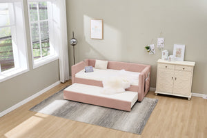 English Elm Pink velvet daybed with diamond-grid pull-out trundle, modern velvet MDF frame, twin size elegance and extra sleep space W1361S00030