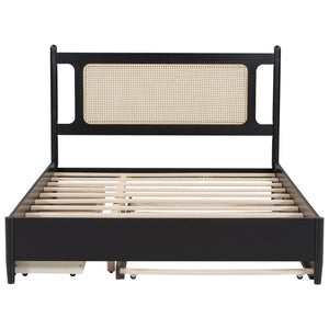 English Elm Queen Size Wooden Rattan Platform Bed With Spacious Storage Drawers & Twin Trundle In Espresso Finish N820S00002P-GIGA