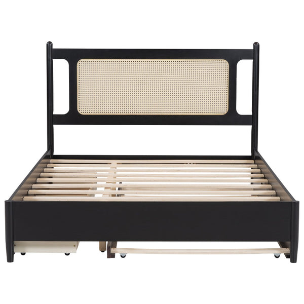 English Elm Queen Size Wooden Rattan Platform Bed With Spacious Storage Drawers & Twin Trundle In Espresso Finish N820S00002P-GIGA